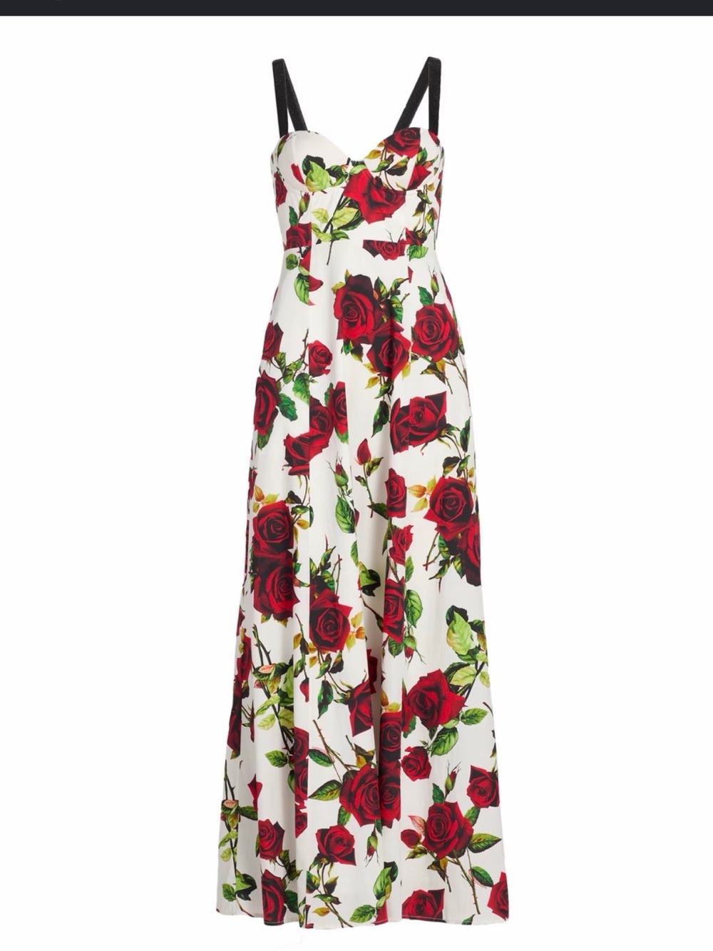 L'AGENCE White Maxi Dress with Red Rose Print and Black Straps
